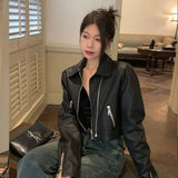 Black Cropped Leather Jacket Women Streetwear Zipper Moto Leather Jacket High Street Vintage Soft Faux Leather Coats