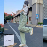 Green Denim Overalls Pant for Women Y2k Streetwear Baggy Pocket Jeans Straight Bib Denim Rompers Trousers Korean