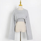 Zingj Hoodie Suit Female 2024 Fashion Sleeve Long Sleeve Crop Hoodie Strap Straight Tube Wide Leg Pants Three-Piece
