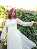 Size Elegant Button A-Line Vestidos White Dress Women 2022 autumn Puff Sleeve Empire V-Neck Lace Voile Mesh Dresses
