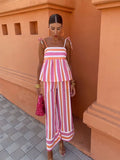Zingj Women Colorful Striped O Neck Flying Sleeves Cropped Top Suit Fashion High Waisted Pockets Pants Set Elegant Lady Commute Outfit 211-0-Outfit