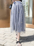 Skirt Women Vintage Embroidery Elastic High Waist A-Line Mesh Pleated Skirt Female Midi