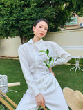 New Fall 2022 Jacquard Floral Patch Long Sleeve Shirt For Women Oblique Collared White Top And Blouse Designer
