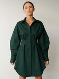 Spring Summer Bodycon Dress Women Khaki Long Sleeve Pleated Shirt Dress Office Ladies Solid Lapel Casual Mini