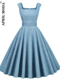Women Summer Flare Dress Solid Color Retro Vintage 50s 60s Casual Party Office Robe Rockabilly Dresses 2022