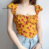 Sweetheart Tie Neck Top With Hollow Out Back In Yellow Floral