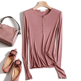 Thin Sexy Elasticity T Shirt Women T-Shirt Long Sleeve Tshirt 2021 Button V Neck Tops Summer Korean Fashion Clothing