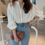Hollow Out Chiffon Shirt Women Button Up White Blouse Ladies Loose Tops 2023 New Puff Sleeve Korean Fashion Clothing