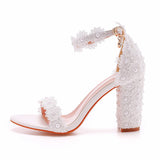 Cm Thick Heel Shallow Mouth With Beaded Square Sandals White Lace Wedding Shoes Coarse Heel