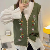 Zingj 2024 New Age Reduction Fold Wear Sleeveless Vest Top Korean V-Neck Embroidered Flower Knit Vest Women-Outfit