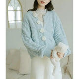 Blue Knitted Rose Buttoned Cardigan- Outfit