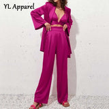 2022 Spring Summer Women's Suit with Belt Halter Chic Top Wide Leg Pants Satin Jacket 2 Piece Sets Skirt Business