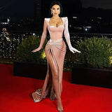 Women 2022 Spring New High Waist Split Floor-length Evening Party Dress with Gloves Sexy Long Maxi Prom Cocktail