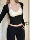 Black Two-piece Halter Patchwork Top- Outfit