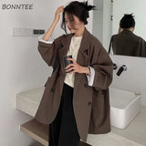 Women Loose Spring Simple Office Lady All-match Outwear Pockets Retro Elegant Formal Colleges Femme Pure Color
