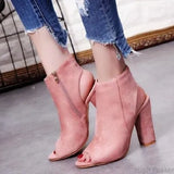 Boots Faux Suede Leather Casual Open Peep Toe High Heels Zipper Fashion Square Rubber Black Shoes For Women Plus Size