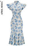 Women's Sexy Midi HL Bandage Dress Blue Floral Print Spaghetti Strap Bodycon Sundress Club Party Dresses Vestidos
