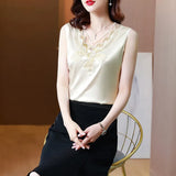 Fashion Top Woman V-neck Tank Tops Printed Vintage Ladies Crop top Female Women's T-shirt Satin Lace Summer Woman