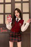 Preppy Style Suit Women's Autumn Red Knitted Cardigan Tank Top Long-sleeve Shirt Plaid Mini Skirt Fashion Three-piece