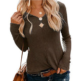 2020 Spring Autumn New Sexy V Neck Women's T Shrits Fashion Casual Solid Long Sleeve Ladies Waffle Check Knit Loose