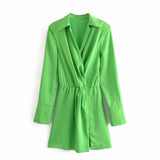 New Fashion Green Chic Mini Shirt Dress With Shoulder Pads Cozy Long Sleeve Wrap Office Lady Pleated For Beach