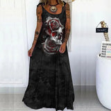 Vintage Punk Skull Print Party Dress Women Elegant O-Neck Sleeveless Sling Long Beach Casual Loose Long Summer