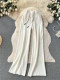 Senior Casual Knit Pants High Waist Drawstring Soft Streetwear Autumn Women Solid Fashion Wide Legs Straight