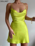 Strap Backless Satin Dress Sexy Cut Out Mini Summer Dresses For Women 2022 Elegant Cowl Neck Party Dress Green