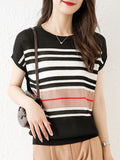 T Shirt Summer Fashion New Patchwork Striped Casual Knitting Tops Female O Neck Short Sleeve Loose Thin Tee Shirts
