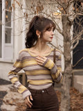 Striped Sweater Women Aurtumn Korean Fashion Slim Oneck Pullover Long Sleeves Knitted Tops Chic Female Tops