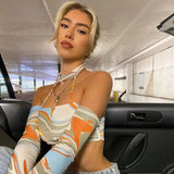 Sexy Long Sleeve Halter Corset Crop Top Tshirt Printed Off Shoulder Long Sleeve T Shirt Ladies 90s Fashion