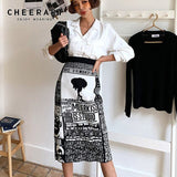 Knitted Skirt Women Winter Newspaper Print Wrap Sweater Skirt Elastic High Waist Warm Ladies Skirt Knee Length