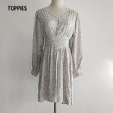 2021 Mini Dress Sexy V Neck Long Sleeve Vintage Floral Print Sundress Women Sweet Crushed Floral