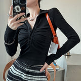 Y2k Vintage Women T Shirt Crop Top Turn-down Collar Streetwear Ruched Long Sleeve Black Fashion Female Tee