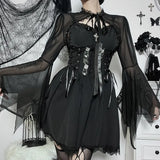Dark Style Short-Style Perspective Blouse Women's Lace Spliced Tie-Up Burnt Cuff Blouse From