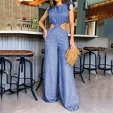 White Sexy Women Bodysuit Backless Round Neck Sleeveless Naked Waist Loose Mop Pants Jumpsuit Fashion Summer