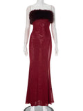 Strapless Red Feather Mesh Maxi Dress- Outfit