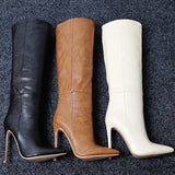 Women Boots Fashion Super High Heel Knee High Boots Faux Leather Pointed Toe Long Boots Winter Shoes 41 42