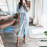 Short Sleeve Spring Dresses Fashion Summer Turn-down Collar Women Party Dress Elegant Button Office Lady Shirt