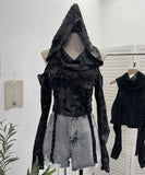 Real Shooting Doomsday Wasteland Wind To Make Old Worn Hooded Long-Sleeved T-Shirt Short High-Waisted Umbilly Top