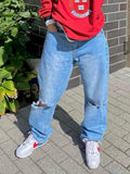 Waist Jeans Women Ripped Baggy Jeans 2022 Fashion Straight Leg Pants Y2k Denim Trousers Vintage Loose Blue Washed Mom