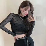 Women Slim Retro Floral Mesh T-shirt Fashion Long Sleeve Sexy Style Spring Summer Fashionable Blouses Female Thin