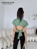Green Polka Dot Blouse Backless Deep V Neck Summer Crop Top Shirt For Women 2022 Fashion Desinger