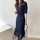 Hollow Out Women Knit Short Sleeve High Waist Bandage With Vest Midi Female Fashion Chic Dress