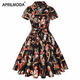 Summer Cotton Vintage Midi Party Dress Short Sleeve 4XL Robe Femme Swing 1950s Retro Floral Print Green Rockabilly