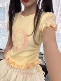 Cartoon T-shirt Bandage Harajuku Slim Waist Tunic Crop Top Women 2024 Summer All Match Sweet Cute Y2k Aesthetic
