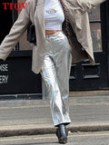 Casual Silver PU Women's Pants 2022 Autumn High Waisted Straight Pants Ladies Streetwear Fashion Trousers Female