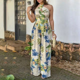 Women Fashion Summer V-Neck Sleeveless Crisscross Halter Tropical Print Jumpsuits Wide Leg Pants Tracksuit
