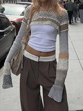 Super Crop Long Sleeve Striped Crochet Knit Top- Outfit