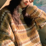 Zingj Jacquard Diamond Loose Sleeve Knit Sweater Female Student 2024 New Autumn And Winter Outside Wear Lazy Wind-Outfit
